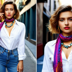 **Prompt:** A stylish woman wearing a white shirt tucked into high-waisted jeans, accessorized with a statement necklace and a colorful scarf tied around her neck, standing against a vibrant, urban background, showcasing a "casual chic" look.