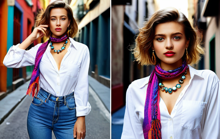 **Prompt:** A stylish woman wearing a white shirt tucked into high-waisted jeans, accessorized with a statement necklace and a colorful scarf tied around her neck, standing against a vibrant, urban background, showcasing a "casual chic" look.