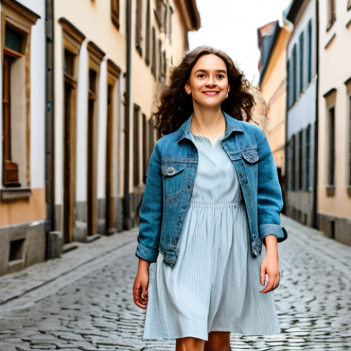 Home 14 A stylish young adult woman, fully clothed in modest attire, walking confidently on a charming cobblestone street in a historic European city during springtime. She wears a light wash oversized denim jacket over a professional, flowy, knee-length dress. Her expression is natural and poised. The background features warm-toned classic architecture and soft sunlight. This image emphasizes perfect anatomy, correct proportions, and a natural pose, ensuring well-formed hands and proper finger count. It is safe for work, appropriate content, and family-friendly, rendered with professional photography and high quality.