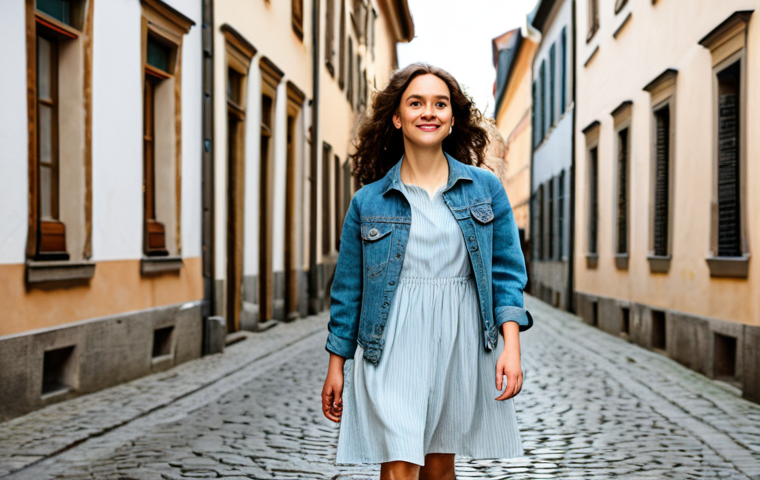 A stylish young adult woman, fully clothed in modest attire, walking confidently on a charming cobblestone street in a historic European city during springtime. She wears a light wash oversized denim jacket over a professional, flowy, knee-length dress. Her expression is natural and poised. The background features warm-toned classic architecture and soft sunlight. This image emphasizes perfect anatomy, correct proportions, and a natural pose, ensuring well-formed hands and proper finger count. It is safe for work, appropriate content, and family-friendly, rendered with professional photography and high quality.