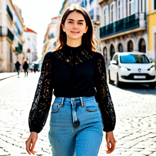 Home 7 A young woman in a modest black lace blouse with intricate patterns, fully lined and opaque, paired with high-waisted light-wash jeans and clean white sneakers. She is walking confidently on a sunny pedestrian street, reminiscent of Lisbon's Baixa, with blurred historic buildings in the background. Natural pose, perfect anatomy, correct proportions, well-formed hands, proper finger count. Professional photography, high quality, ultra-realistic, vibrant colors. safe for work, appropriate content, fully clothed, modest, family-friendly.