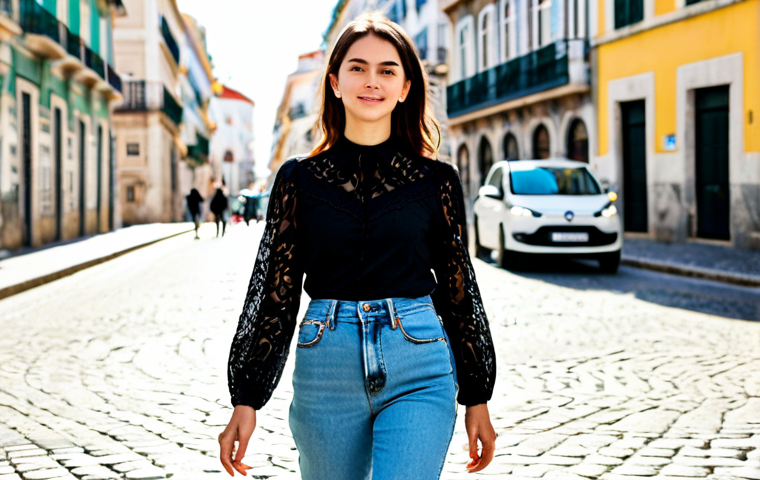 A young woman in a modest black lace blouse with intricate patterns, fully lined and opaque, paired with high-waisted light-wash jeans and clean white sneakers. She is walking confidently on a sunny pedestrian street, reminiscent of Lisbon's Baixa, with blurred historic buildings in the background. Natural pose, perfect anatomy, correct proportions, well-formed hands, proper finger count. Professional photography, high quality, ultra-realistic, vibrant colors. safe for work, appropriate content, fully clothed, modest, family-friendly.