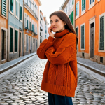 A sophisticated woman wearing a stylish, oversized knitted sweater in a rich burnt orange color. The sweater features visible cable knit texture and a cozy, high neckline. She is fully clothed in modest, appropriate attire. She stands on a charming, cobblestone street in an autumnal urban setting, reminiscent of Lisbon, with soft, diffused sunlight illuminating the scene. Distant, elegant architectural details are visible in the background. safe for work, appropriate content, fully clothed, professional, modest, perfect anatomy, correct proportions, natural pose, well-formed hands, proper finger count, natural body proportions, professional photography, high quality, highly detailed.