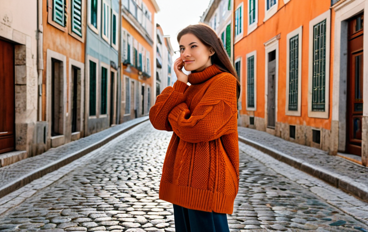 A sophisticated woman wearing a stylish, oversized knitted sweater in a rich burnt orange color. The sweater features visible cable knit texture and a cozy, high neckline. She is fully clothed in modest, appropriate attire. She stands on a charming, cobblestone street in an autumnal urban setting, reminiscent of Lisbon, with soft, diffused sunlight illuminating the scene. Distant, elegant architectural details are visible in the background. safe for work, appropriate content, fully clothed, professional, modest, perfect anatomy, correct proportions, natural pose, well-formed hands, proper finger count, natural body proportions, professional photography, high quality, highly detailed.