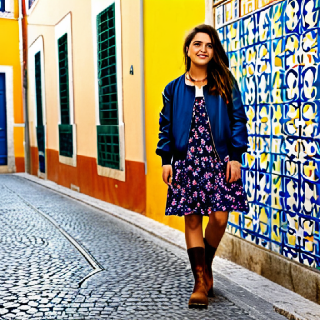 **

A woman standing in a vibrant Lisbon street, wearing a flowing floral dress paired with sturdy brown leather work boots. She's also wearing a stylish bomber jacket and delicate gold necklace.  Background shows colorful buildings and azulejo tiles.  Focus on the contrast between the feminine dress and the rugged boots.  Safe for work, appropriate content, fully clothed, modest, professional photography, perfect anatomy, natural proportions.

**