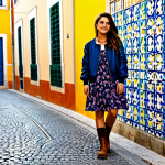 **

A woman standing in a vibrant Lisbon street, wearing a flowing floral dress paired with sturdy brown leather work boots. She's also wearing a stylish bomber jacket and delicate gold necklace.  Background shows colorful buildings and azulejo tiles.  Focus on the contrast between the feminine dress and the rugged boots.  Safe for work, appropriate content, fully clothed, modest, professional photography, perfect anatomy, natural proportions.

**