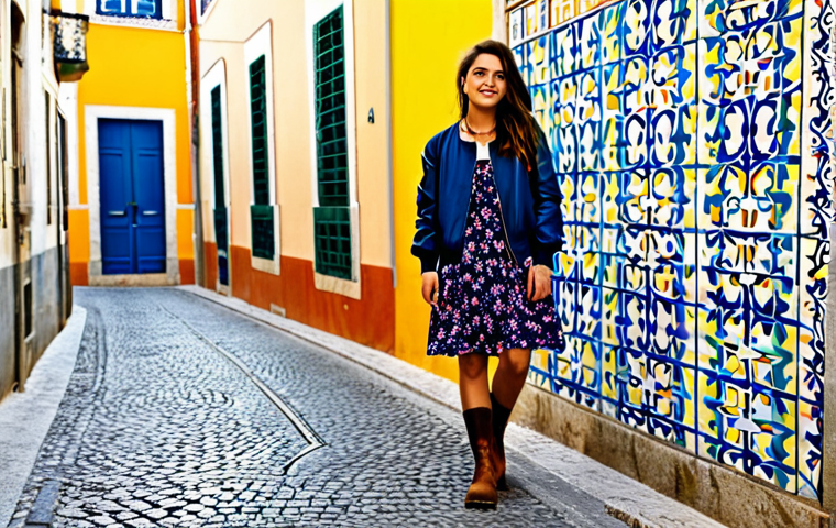 **

A woman standing in a vibrant Lisbon street, wearing a flowing floral dress paired with sturdy brown leather work boots. She's also wearing a stylish bomber jacket and delicate gold necklace.  Background shows colorful buildings and azulejo tiles.  Focus on the contrast between the feminine dress and the rugged boots.  Safe for work, appropriate content, fully clothed, modest, professional photography, perfect anatomy, natural proportions.

**