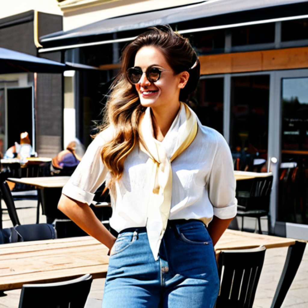 **Nó Lateral Despojado (Effortless Chic):** A woman with neatly styled hair, wearing a modest blouse and jeans, is accessorized with a silk scarf tied in a loose side knot. The setting is a sunny outdoor cafe with friends. *Safe for work, appropriate content, fully clothed, modest attire, professional photography, perfect anatomy, natural proportions.*