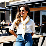 **Nó Lateral Despojado (Effortless Chic):** A woman with neatly styled hair, wearing a modest blouse and jeans, is accessorized with a silk scarf tied in a loose side knot. The setting is a sunny outdoor cafe with friends. *Safe for work, appropriate content, fully clothed, modest attire, professional photography, perfect anatomy, natural proportions.*