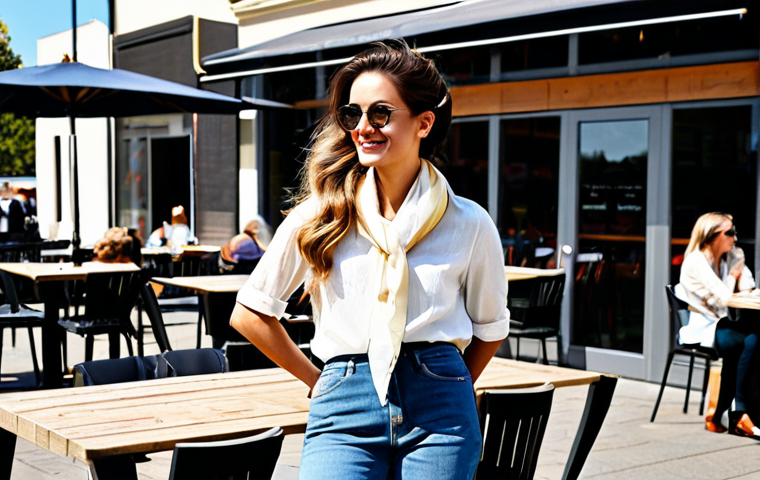 **Nó Lateral Despojado (Effortless Chic):** A woman with neatly styled hair, wearing a modest blouse and jeans, is accessorized with a silk scarf tied in a loose side knot. The setting is a sunny outdoor cafe with friends. *Safe for work, appropriate content, fully clothed, modest attire, professional photography, perfect anatomy, natural proportions.*