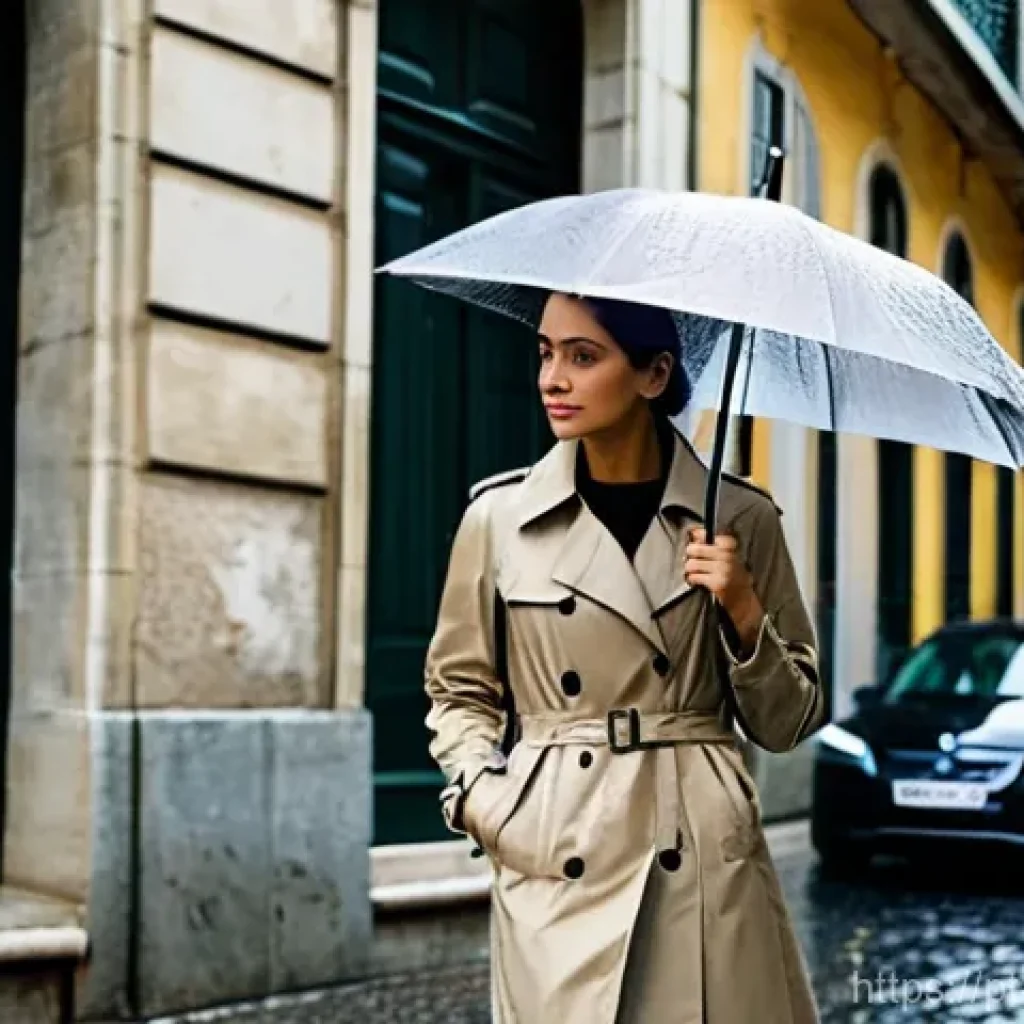 여성용 트렌치코트 소재 - **Prompt:** A stylish woman in her late 20s to early 30s, walking confidently on a wet, cobblestone ...