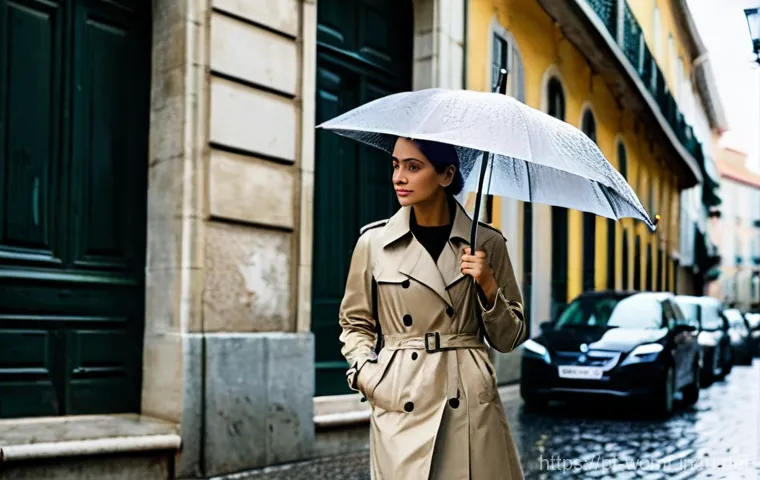 여성용 트렌치코트 소재 - **Prompt:** A stylish woman in her late 20s to early 30s, walking confidently on a wet, cobblestone ...