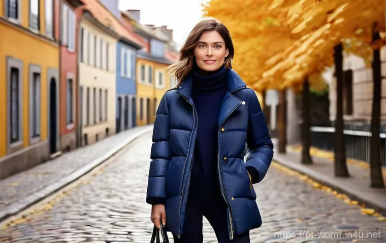 여성용 패딩 재킷 리뷰 - Image Prompt 1: Effortlessly Chic Puffer in a European Setting**