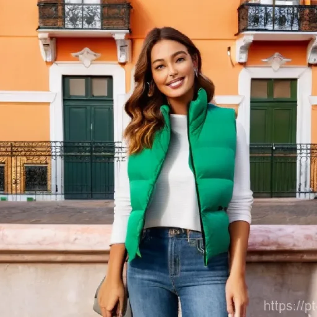 여성용 패딩 베스트 추천 - **Urban Comfort and Style: Vibrant Cropped Puffer Vest.**
    "A young woman in her early twenties, ...