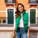 여성용 패딩 베스트 추천 - **Urban Comfort and Style: Vibrant Cropped Puffer Vest.**
    "A young woman in her early twenties, ...