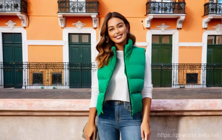 여성용 패딩 베스트 추천 - **Urban Comfort and Style: Vibrant Cropped Puffer Vest.**
    "A young woman in her early twenties, ...