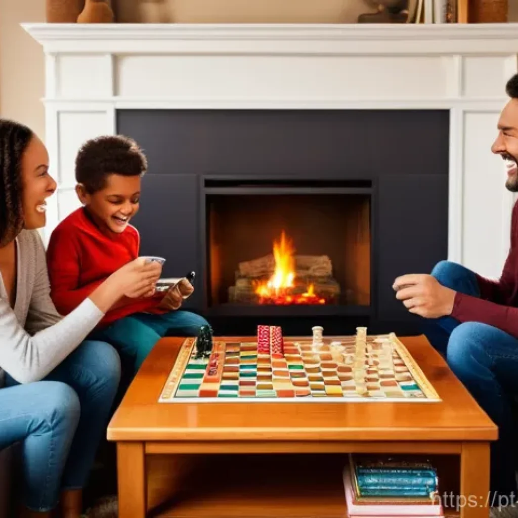 여성 겨울 니트 스커트 - A cozy living room scene where a family is playing a board game. A mother, father, and two children ...