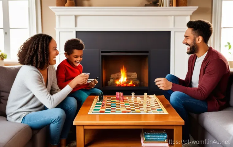 여성 겨울 니트 스커트 - A cozy living room scene where a family is playing a board game. A mother, father, and two children ...