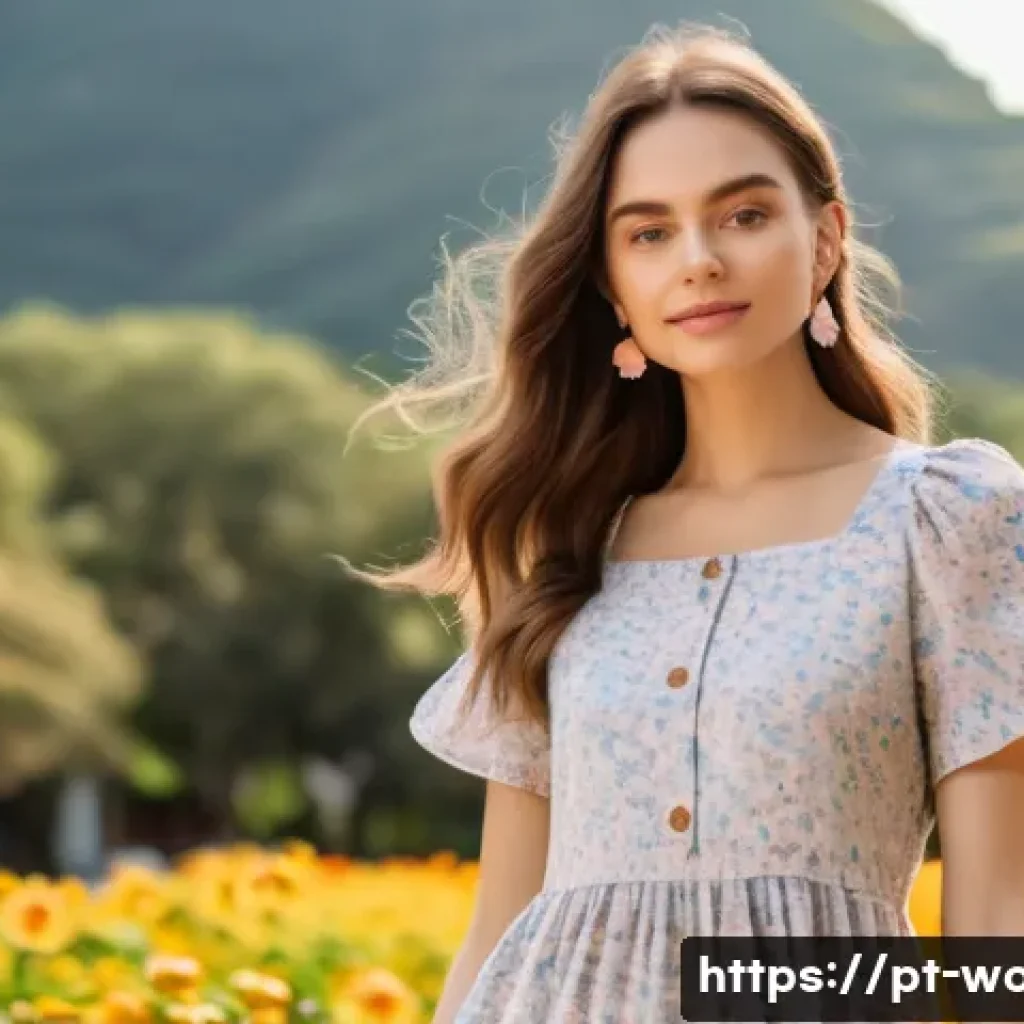페미닌룩 원피스 스타일 - A stylish young woman wearing a casual midi dress made of breathable cotton and linen, featuring sof...