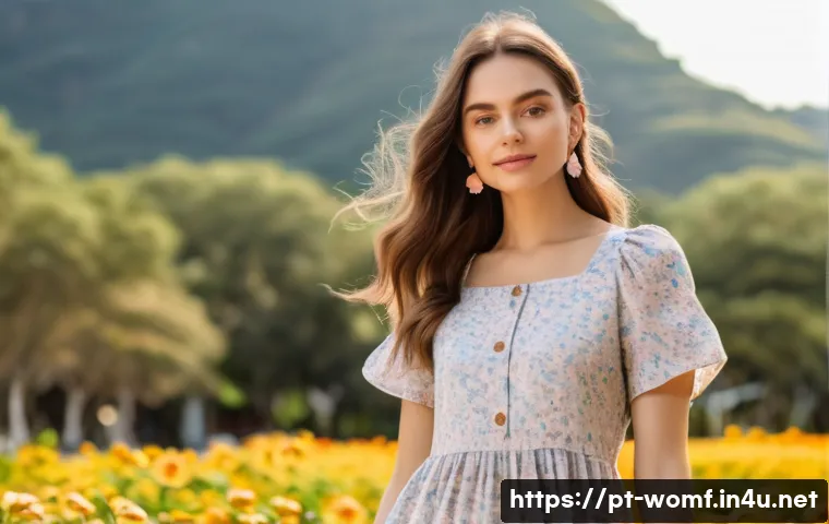 페미닌룩 원피스 스타일 - A stylish young woman wearing a casual midi dress made of breathable cotton and linen, featuring sof...