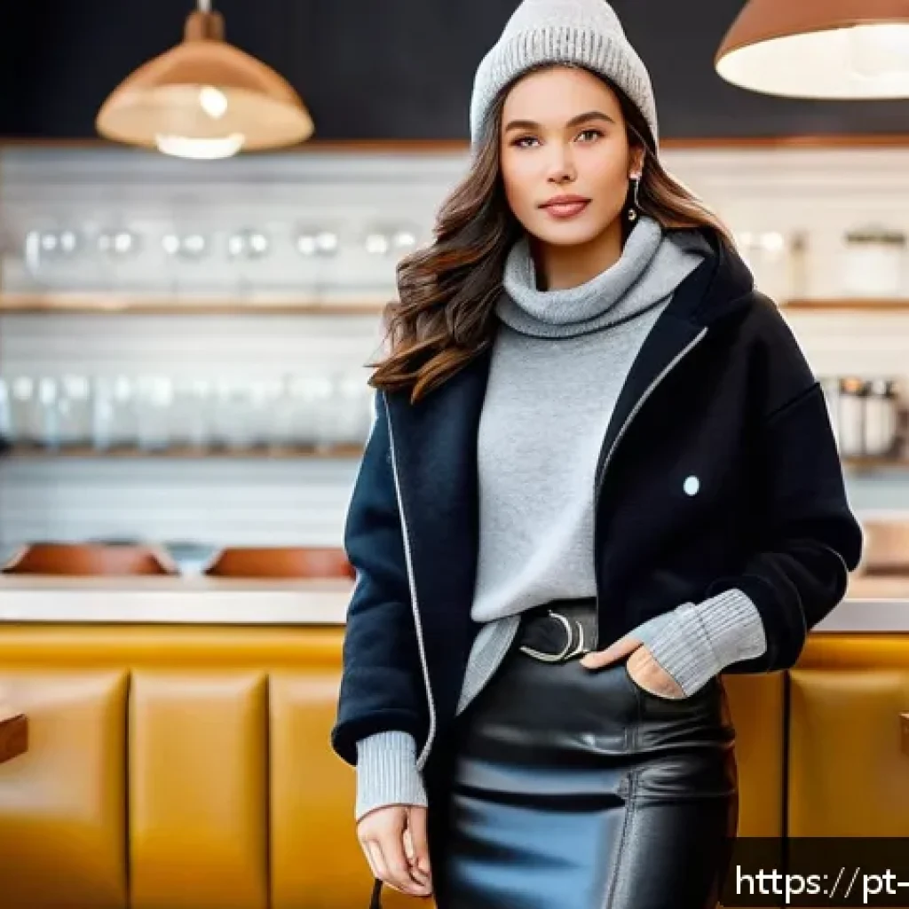 여성 겨울 후드티 코디 - A stylish young woman wearing a thick hooded sweatshirt paired with a sleek leather skirt, standing ...