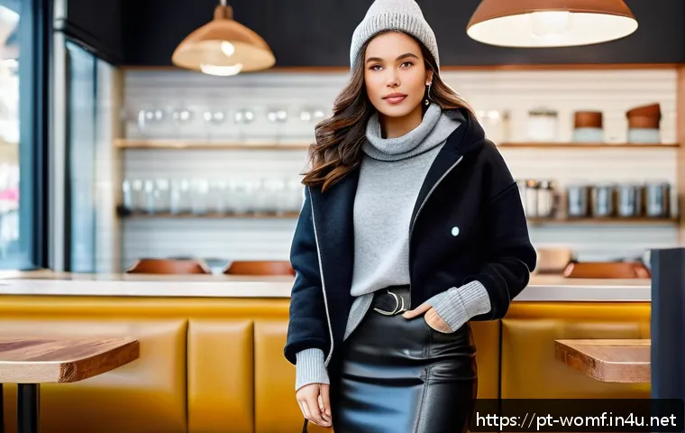 여성 겨울 후드티 코디 - A stylish young woman wearing a thick hooded sweatshirt paired with a sleek leather skirt, standing ...