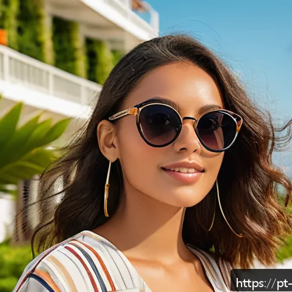 여성 여름 선글라스 추천 - A stylish young woman walking along a sunny Brazilian beach promenade wearing oversized acetate sung...