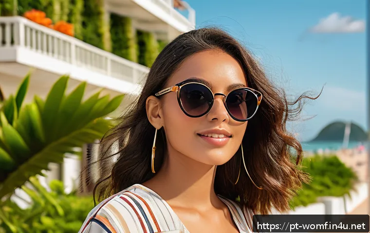 여성 여름 선글라스 추천 - A stylish young woman walking along a sunny Brazilian beach promenade wearing oversized acetate sung...