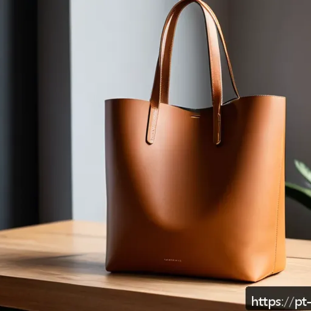 여성용 토트백 리뷰 - A sophisticated vegan leather tote bag displayed on a minimalist wooden table in a bright, modern ap...
