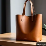 Home 22 여성용 토트백 리뷰 - A sophisticated vegan leather tote bag displayed on a minimalist wooden table in a bright, modern ap...
