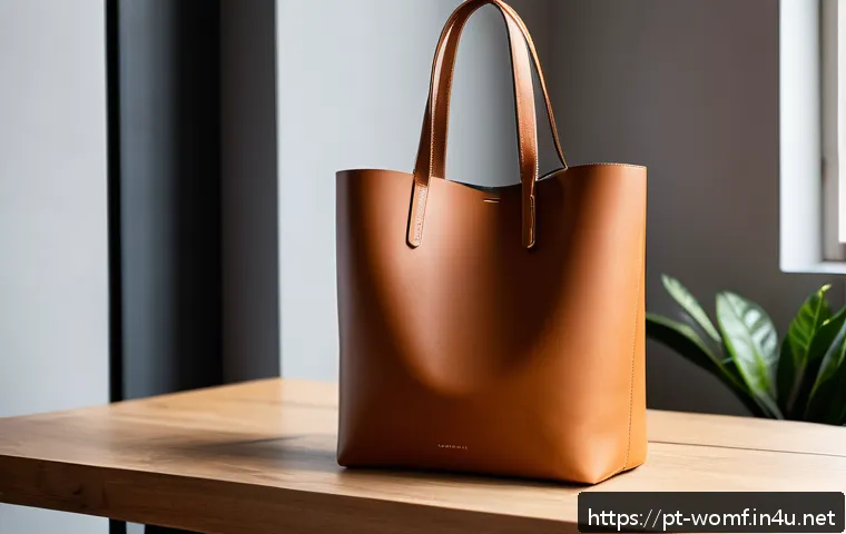 여성용 토트백 리뷰 - A sophisticated vegan leather tote bag displayed on a minimalist wooden table in a bright, modern ap...
