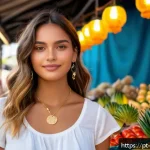 Home 21 여성 패션 소품 추천 - A stylish young Brazilian woman wearing delicate gold chain necklaces with small pendants, dressed i...