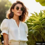 Home 19 여성 여름 반바지 코디 - A stylish young woman wearing high-waisted linen shorts with a subtle pastel tone, paired with a flo...