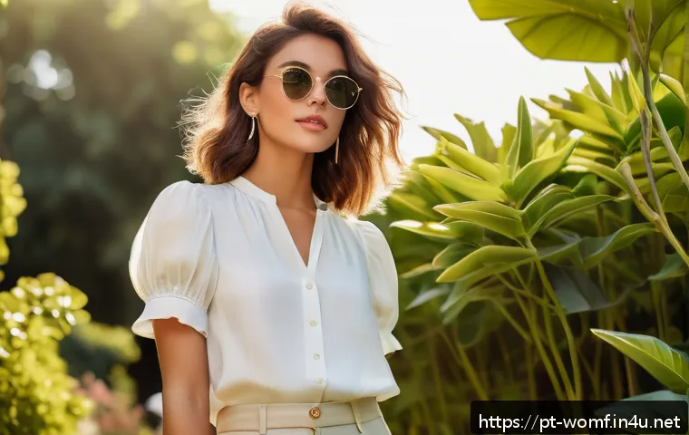 여성 여름 반바지 코디 - A stylish young woman wearing high-waisted linen shorts with a subtle pastel tone, paired with a flo...