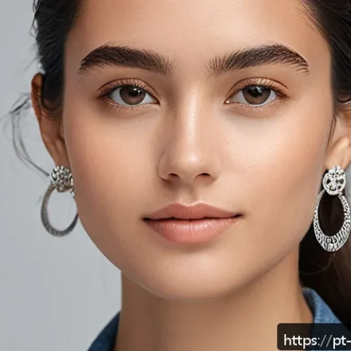 Home 30 여성용 드롭 이어링 추천 - A close-up portrait of a young woman with an oval face shape wearing minimalist drop earrings made o...