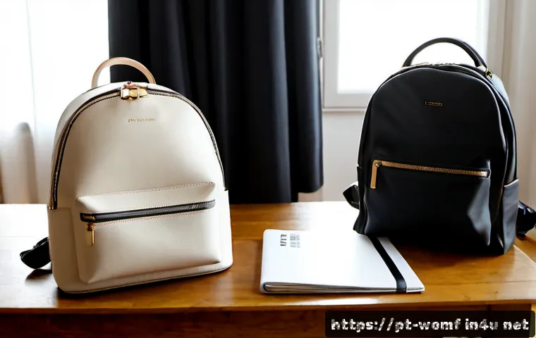 여성용 백팩 추천 - Photorealistic lifestyle product scene of a stylish adult woman choosing between two elegant women’s...