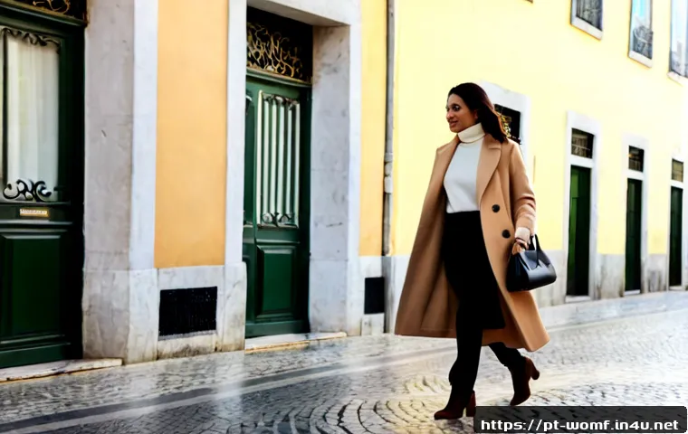 여성 겨울 패션 트렌드 - Photorealistic winter fashion street-style scene in Lisbon, confident adult woman wearing a long cam...